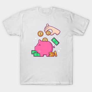 Hands put coins in a piggy bank cartoon T-Shirt